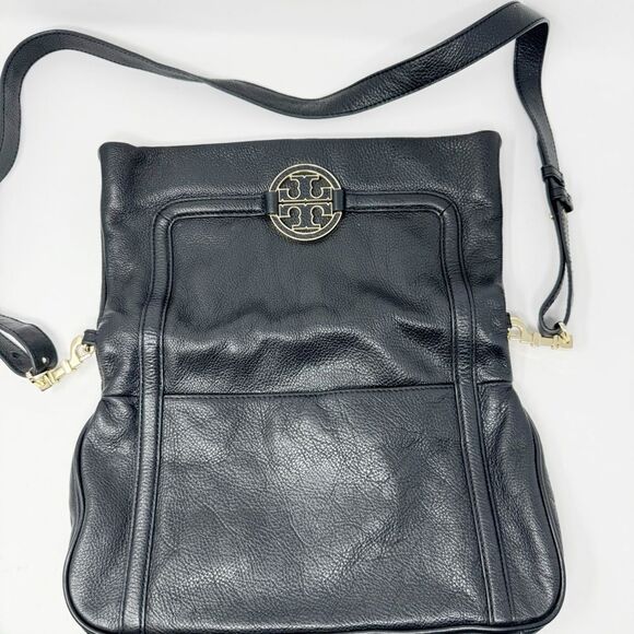 TORY BURCH | Amanda Leather Black & Gold Foldover Adjustable Crossbody Purse Bag - Picture 14 of 14